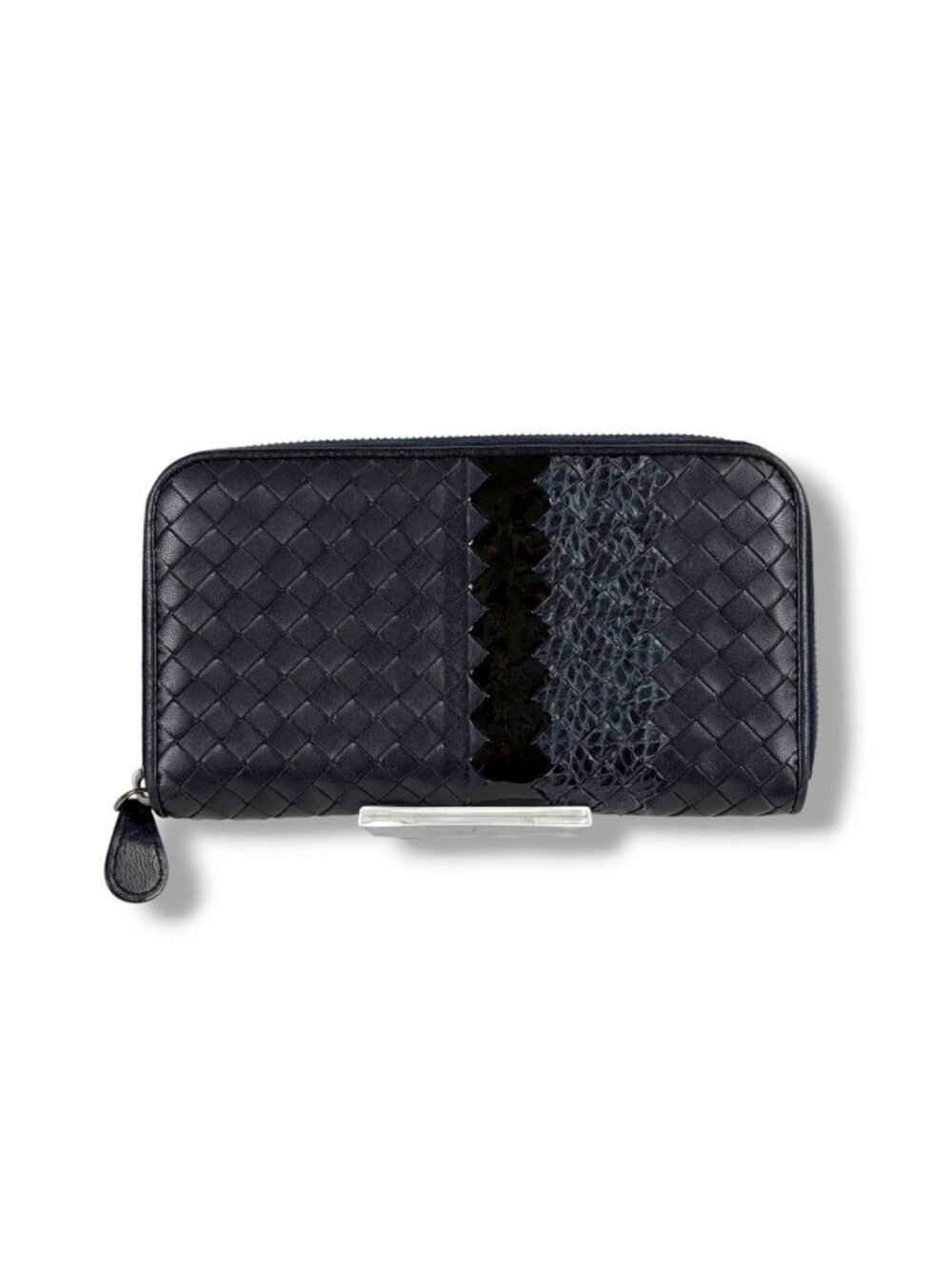 Bottega Veneta Wallet Round Zippy Black Intrecciato Leather Patent